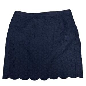 Talbots Navy Blue 100%‎ linen embroidered Floral Women's Skirt size 16wp A-line